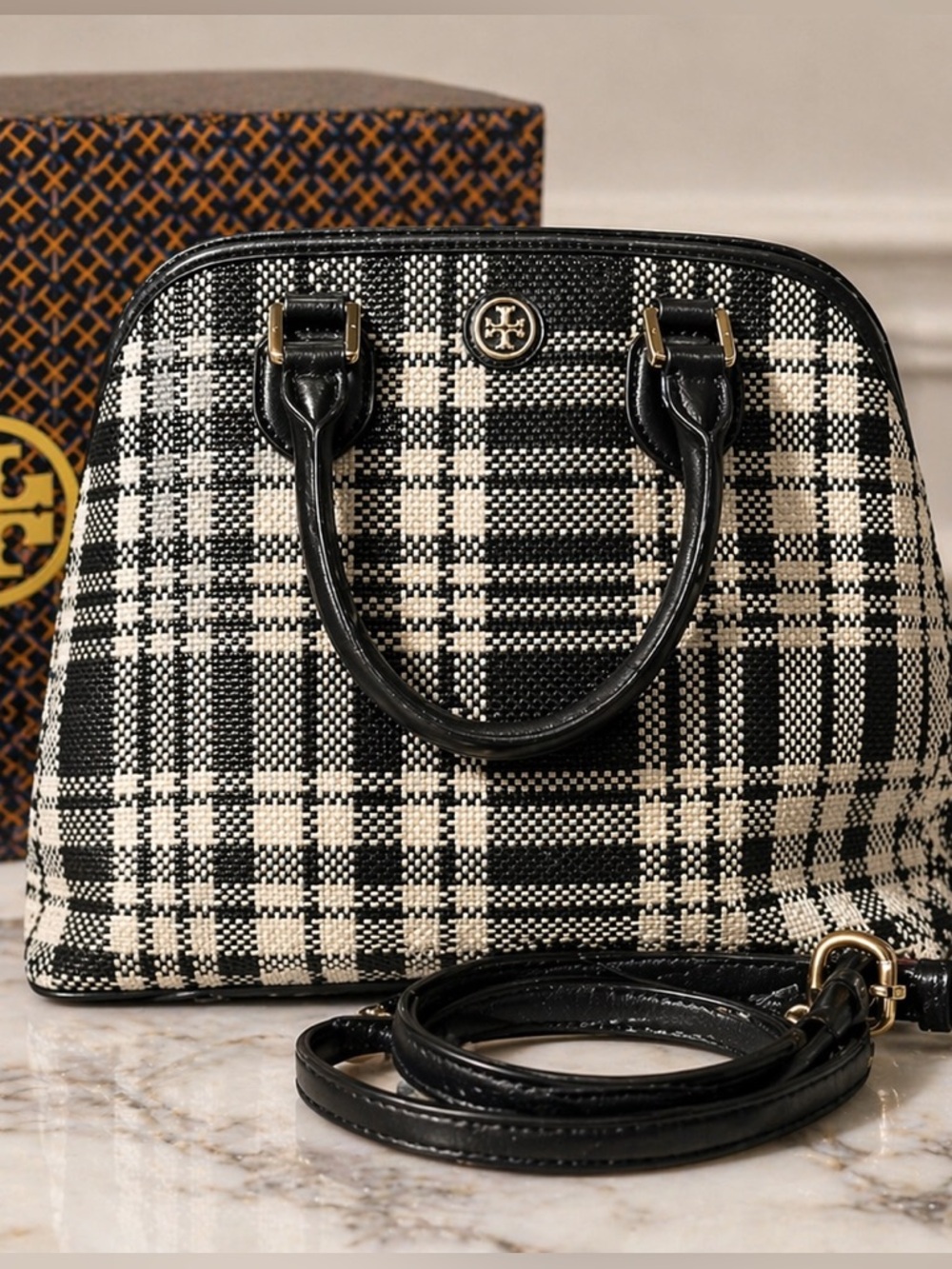 Tory Burch Robinson Plaid Open Dome Satchel Crossbody